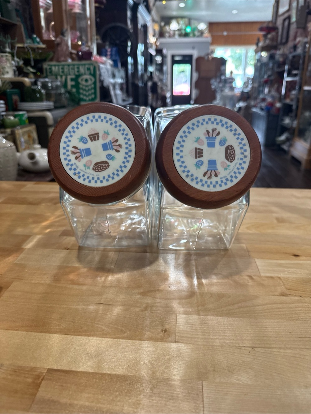 Vintage Pair of Glass Containers with Wood Lids and Blue Floral Decal Hallmark
